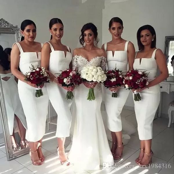 

2023 white bridesmaid dresses straps tea length satin mermaid back slit custom made plus size maid of honor gown country wedding wear, White;pink