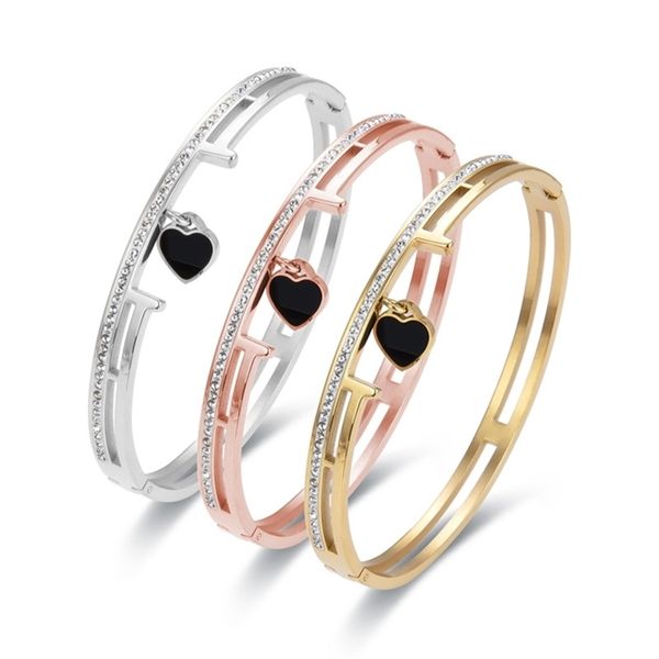 

bangle fysara black color heart shape micro-set zircon light luxury rose gold steel ladies bracelet letter t bracelets 220909