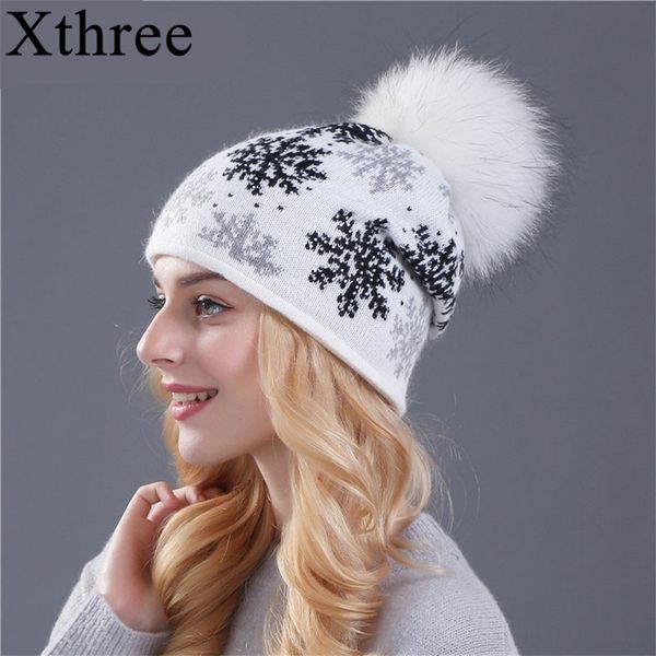 

beanieskull caps xthree real mink pom poms wool rabbit fur knitted hat winter for women girls beanies christmas snow 220912, Blue;gray
