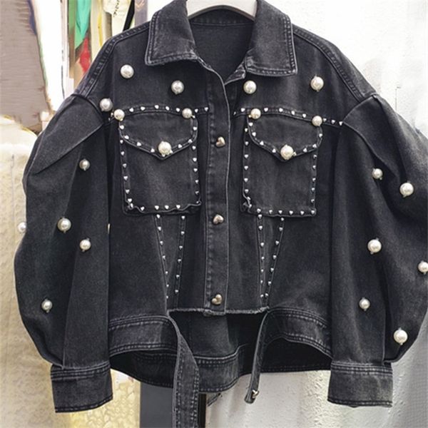 

womens jackets autumn studded holes denim jacket puffl sleeve short jeans coat street wear beading button down outfit clothes 220912, Black;brown