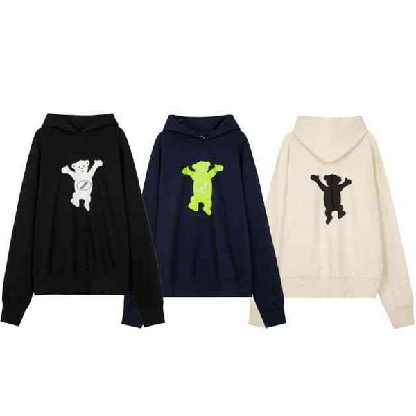 

hoodies we11done flocked bear print long sleeve hooded sweater weldone loose fashion brand male and female lovers hat fir, Black