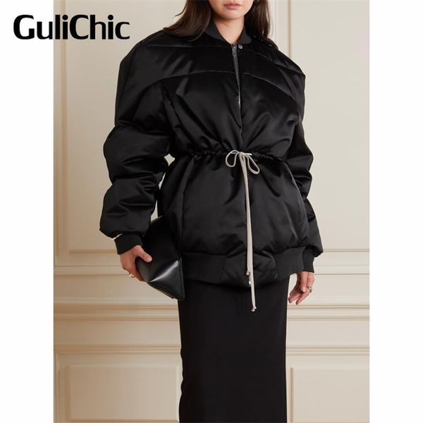 

womens down parkas 95 gulichic women fashion casual drawstring collect waist zipper down coat jacket 220912, Black
