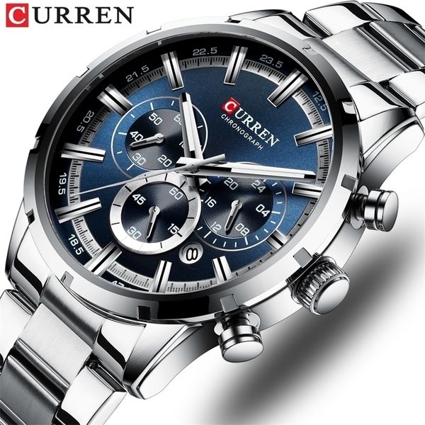 

wristwatches curren brand military quartz watches silver blue mens stainless steel chronograph wristwatch for male casual sporty clocks 2209, Slivery;brown