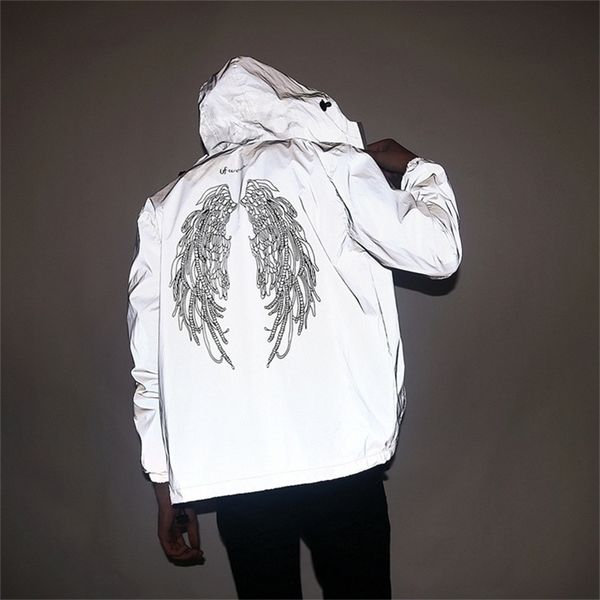 

men's jackets full reflective jacket casual women windbreaker hip hop hooded coat waterproof printed streetwear night shiny 5xl 220830, Black;brown
