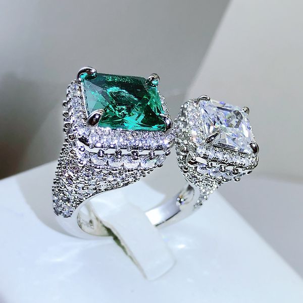 

2022 sell wedding rings luxury jewelry 925 sterling silver princess cut emerald cz diamond gemstones party eternity women engagement open ad, Slivery;golden