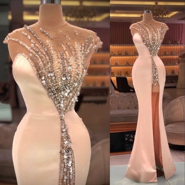 

2022 mermaid pink prom dresses cap sleeves illusion crystal beading floor length side split evening party gowns special occasion wears, Black