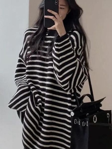 

women's knits tees deeptown vintage striped sweater women harajuku hip hop knitted jumper long sleeve loose casual pullover retro kore, White