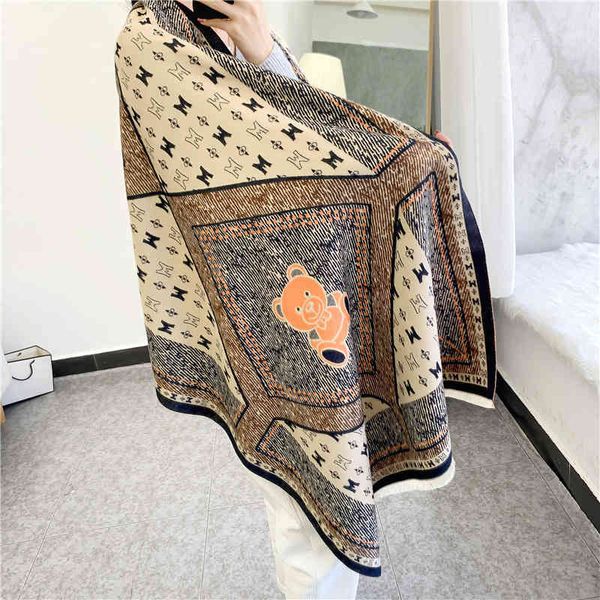 

factory wholesale 2022 korean autumn and new fashion bear warm scarf women's double-sided imitation cashmere air conditioning shawl bib, Blue;gray