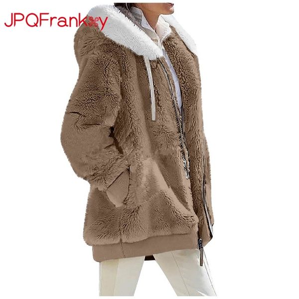 

women's fur faux europe and america autumn winter loose plush long sleeve zipper pocket hooded warm coat retro quilt 220912, Black