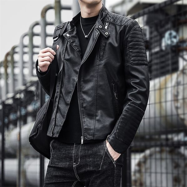 

men's leather faux leather men's winter fleece motorcycle jacket zipper stand-up collar warm slim fashion men's clothing arti, Black