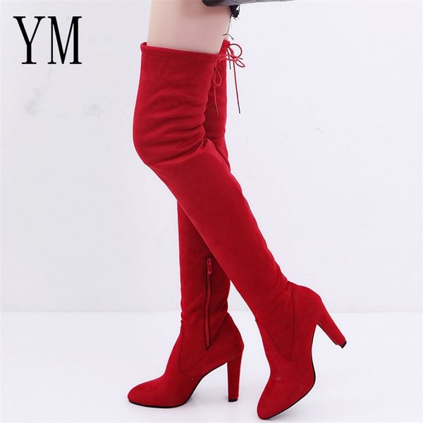 

boots women casual red over the knee boots shoes winter female round toe platform high heels pumps warm snow boots zip mujer 43 220912, Black