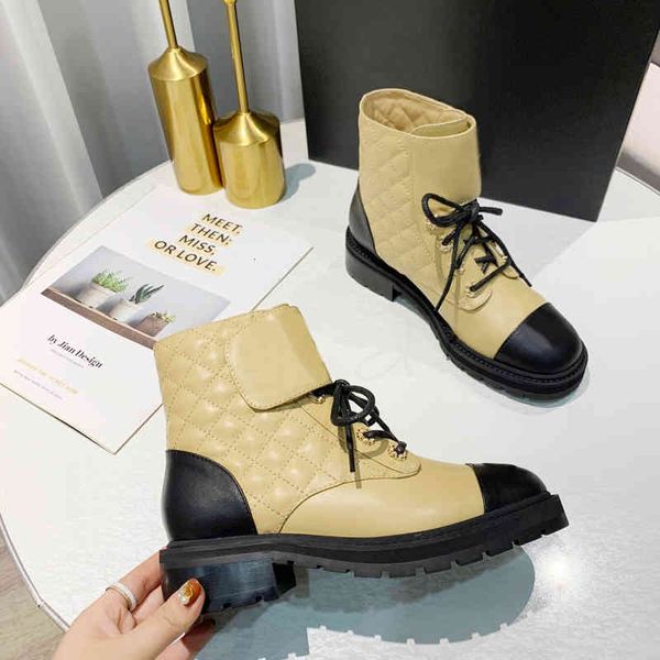 

boots autumn and winter women's boots fashion color matching rhombic lace up round head british short leisure martin trend, Black