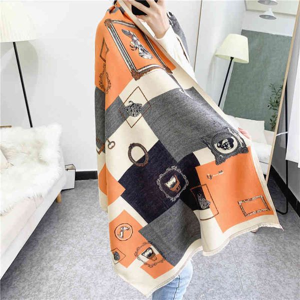 

classic style 2022 autumn new thickened warm long color matching imitation cashmere scarf women's shawl, Blue;gray