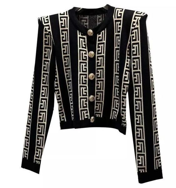 

vintage temperament sweaters fashion geometric pattern shoulder pads knitted short cardigan women single breasted contrast color button knit, White;black