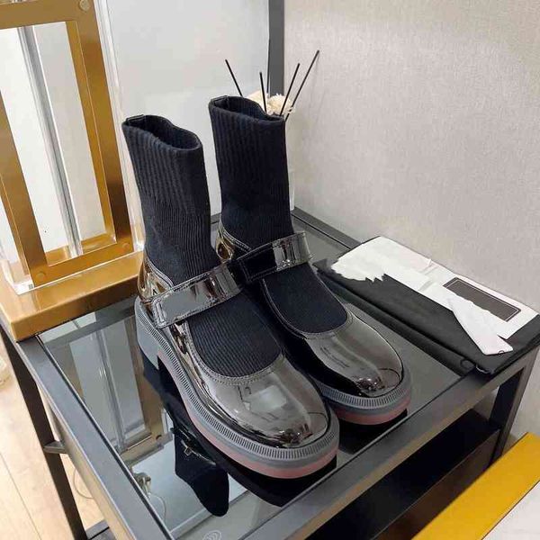 

short boots boots women's early autumn patent leather round head mary jane elastic sock short tube wool uklu, Black