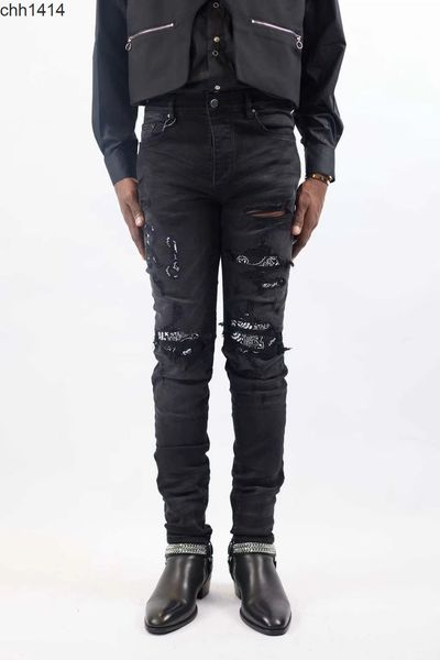

summer hip hop slim fit pants men's fashion hole patchwork leather motorcycle high street jeans men, Blue