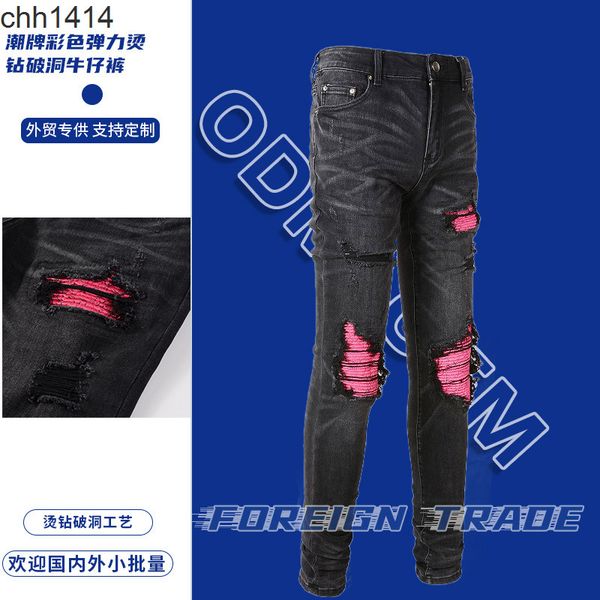 

fashion brand color elastic rolled hole breaking jeans men's high street slim fit beggar #8806, Blue