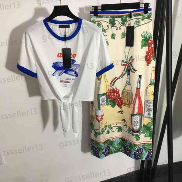 

women two piece dresses fashion letter logo print two-piece sets tie-waist cropped t-shirt and high-waisted hip skirt suit designer women cl, White
