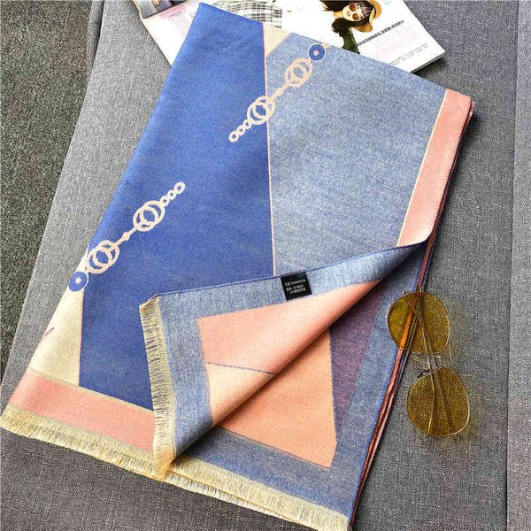 

factory wholesale 2022 new chain cashmere scarf women's air conditioning room wool shawl autumn and warming dual-purpose thickened stud, Blue;gray