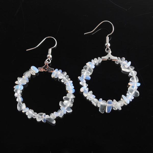 

natural stone crystal round hoop dangle earrings fluorite labradoirte gravel chip bead healing jewelry for women bw907, Silver