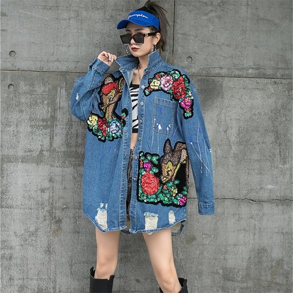 

womens jackets bf style patches denim jacket diamonds women street wear holes outfit loose full sleeve sequins cardigan 220912, Black;brown