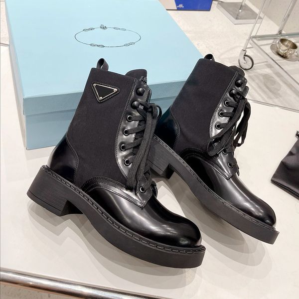 

black brushed leather and nylon boots designer ankle martin boot for women motorcycle combat booties platform boots with removable pouch