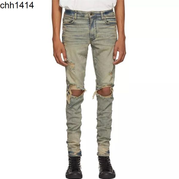 

fashion brand fashion 19 style yellow mud dirty old hole slim fit jeans men's and women's high street, Blue