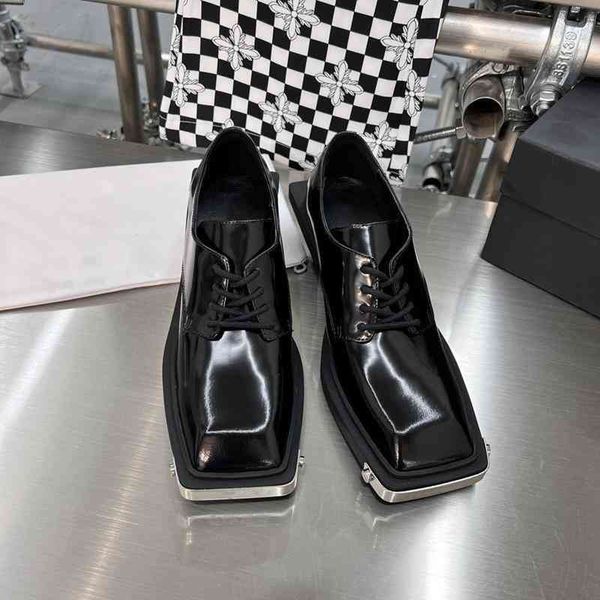 

dress shoes dy dark knight style square head thick heel malnotpy british single shoe bottom leather shoes, Black