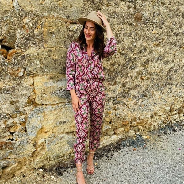 

women's two piece pants dylqfs summer women vintage two-piece set bohemia v- neck print shirt female ladies elastic high waist casual p, White