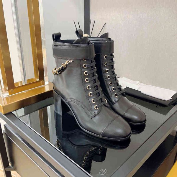 

boots autumn and winter women's shoes fashion thick high heels metal chain strap short boots personalized belt buckle martin, Black