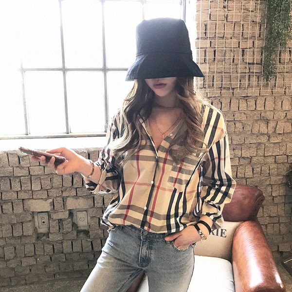 

2022 Designer Women's Blouses Shirts Fashion Classic Summer New Plaid T-Shirt Plus Size CasualLong Sleeve Top, Khaki