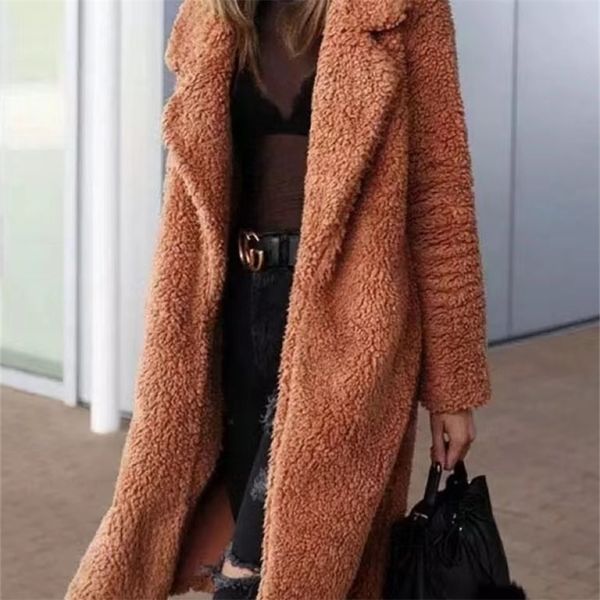 

women's fur faux autumn winter long coat women casual thick warm plush teddy jacket female loose soft cardigan outerwear wool 220912, Black