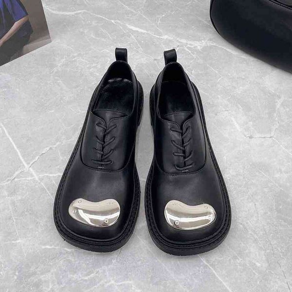 

small dress shoes leather shoes women's autumn metal big head lace up single flat bottom british style round derby nfbu, Black