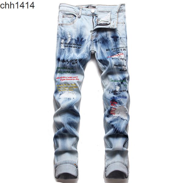 

hole slim elastic jeans youth blue letter embroidery men's denim pants