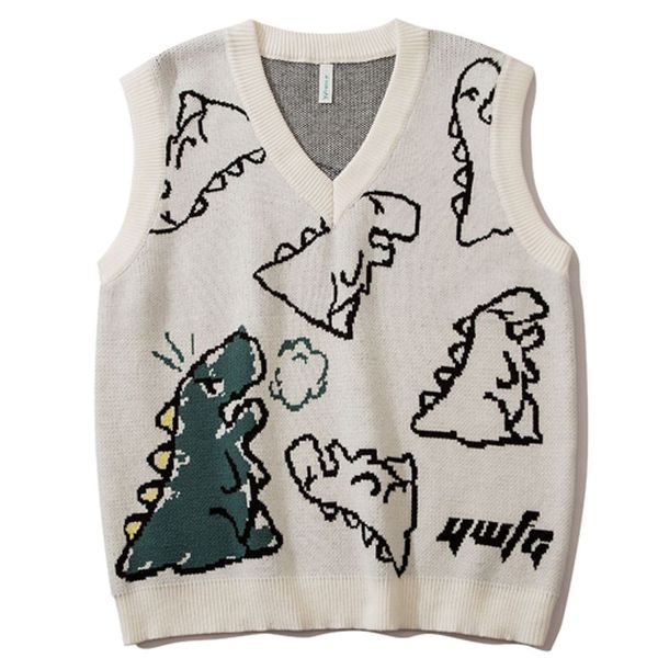 

men s sweaters oversize streetwear sweater vest men harajuku fashion knitted dinosaur cartoon pullover v neck casual couple mens 220912, White;black