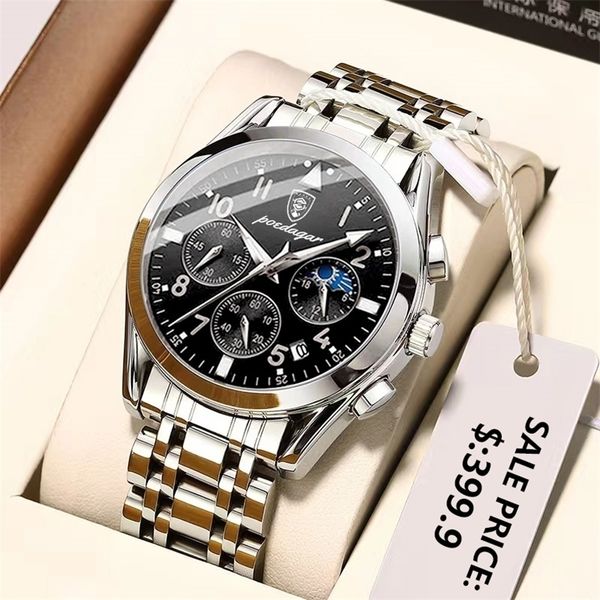 

wristwatches poedagar men watch luxury sport chronograph quartz watches stainless steel waterproof luminous date week business wristwatch 22, Slivery;brown