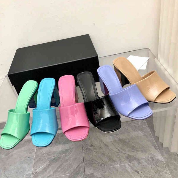 

slippers summer women's shoes style simple fashion thick high heel square head cow patent leather candy color cool slippers, Black