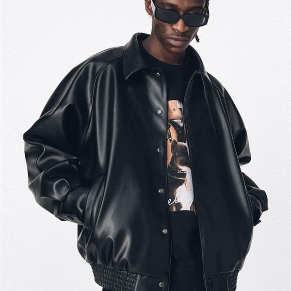 

men's leather faux leather mauroicardi autumn casual oversized black pu leather jacket for men style raglan sleeve turndown collar loos