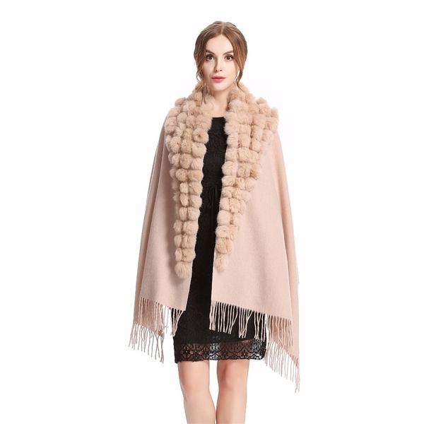 

scarves zy87001 fashion womens autumn winter wool with rabbit fur pompon warm tassel shawl scarf wrap 25 colors 220912, Blue;gray