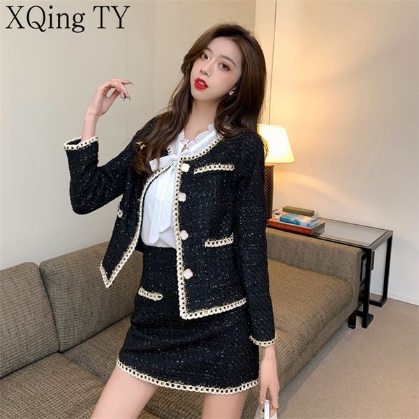 

two piece dress tweed set autumn winter woolen black single breasted jacket crop high waist skirt streetwear 2 suits 220909, White