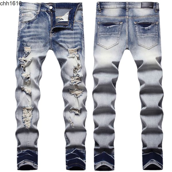 

in autumn and winter of 2022 the new hole breaking jeans for men are am high-end elastic slim fit small foot tide brand long pants, Blue