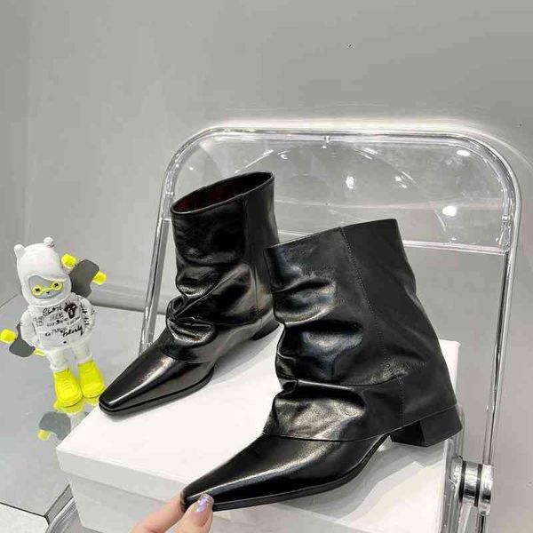 

boots leather women's boots autumn net red pleated super short with small square head in middle heel and thin trousers, Black