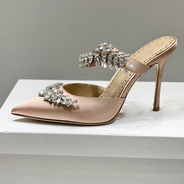 

women pumps pointed toe baotou slippers 9cm thin high heels rhinestone bling banquet sandals for style summer and spring multi-function desi, Black