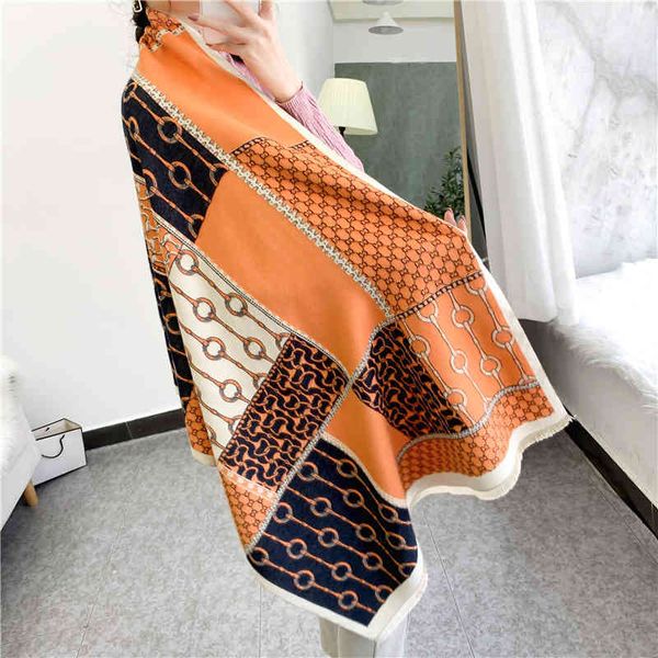 

classic style new chain splicing double-sided women's korean imitation cashmere warm shawl with dual-purpose thick scarf outside, Blue;gray