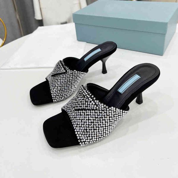 

slippers spring and summer temperament thin high heels full diamond sandals wear feng shui fashion slippers outside, Black