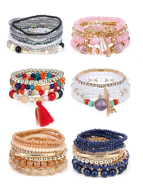 

beaded strands l 46 sets bohemian stackable bead bracelets for women mticolor stretch layered adjustable bracelet pink bla ffshop2001 amkw1, Black