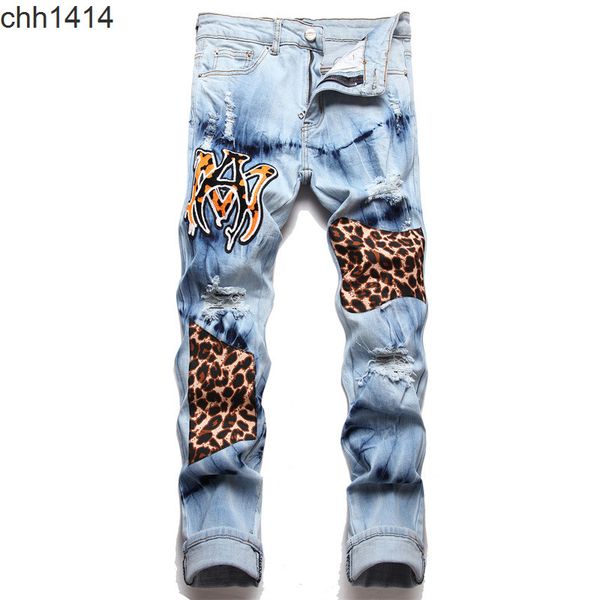 

high street slim fit elastic jeans men's blue patch embroidered holes youth denim pants