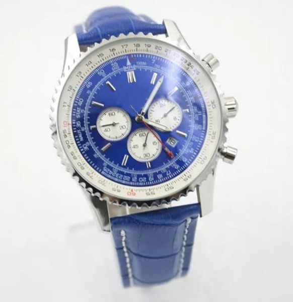 

luxury mens watch quartz movement 1884 chronograph stainless steel case blue leather strap folding clasp men's watches wristwatch, Slivery;brown