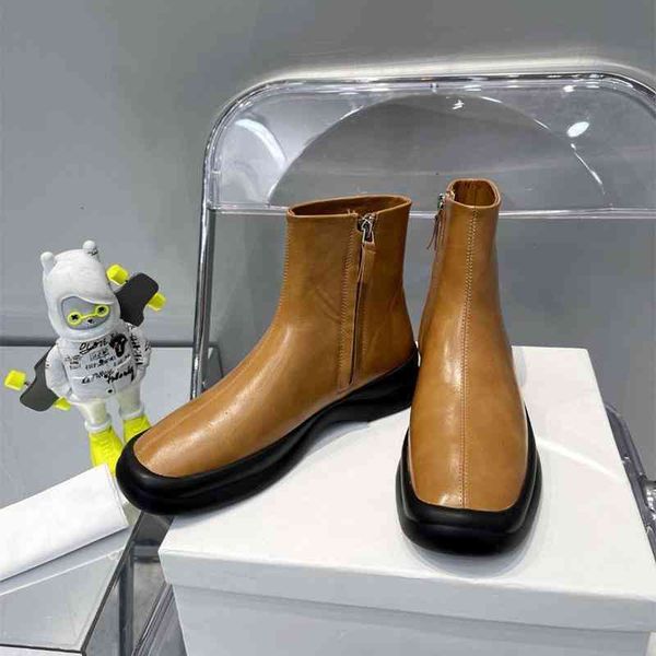 

boots early autumn short boots flat bottom side zipper leather brown chelsea women, Black