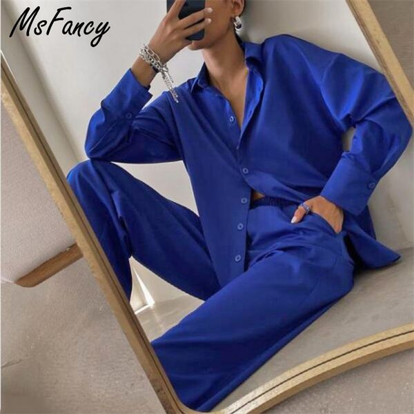 

women's two piece pants msfancy spring pant sets women long sleeve shirt elastic wait wide leg trousers 2 pieces sets female casual out, White